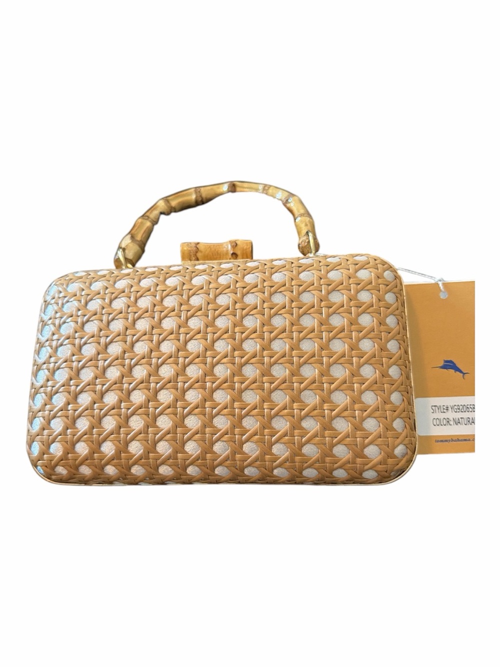 Tommy Bahama Beige Wicker Woven Gold Chain Crossbody Bamboo Handle Handbag Purse